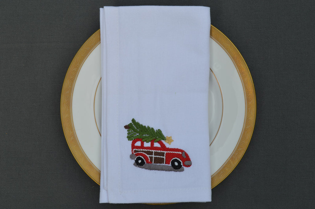 Christmas Napkins, White with Embroidered Red Car with Christmas tree on the Roof  41x41cm 16x16