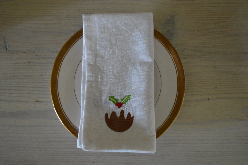 Christmas Napkins, White with Embroidered Christmas Pudding 41x41cm 16x16