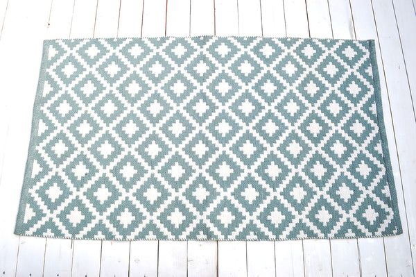 Floor Rug, 100% Cotton Diamond Weave in Seamist Green / White 2 Sizes