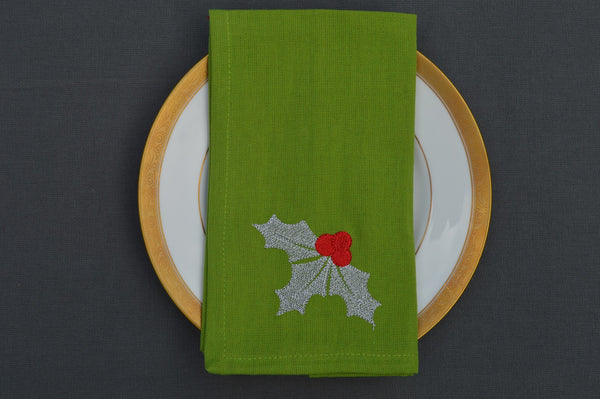 Christmas Napkins, Green with Sprig of Silver Holly 41x41cm 16x16