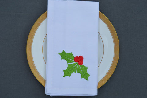 Christmas Napkins, White with Embroidered Sprig of Holly  41x41cm 16x16