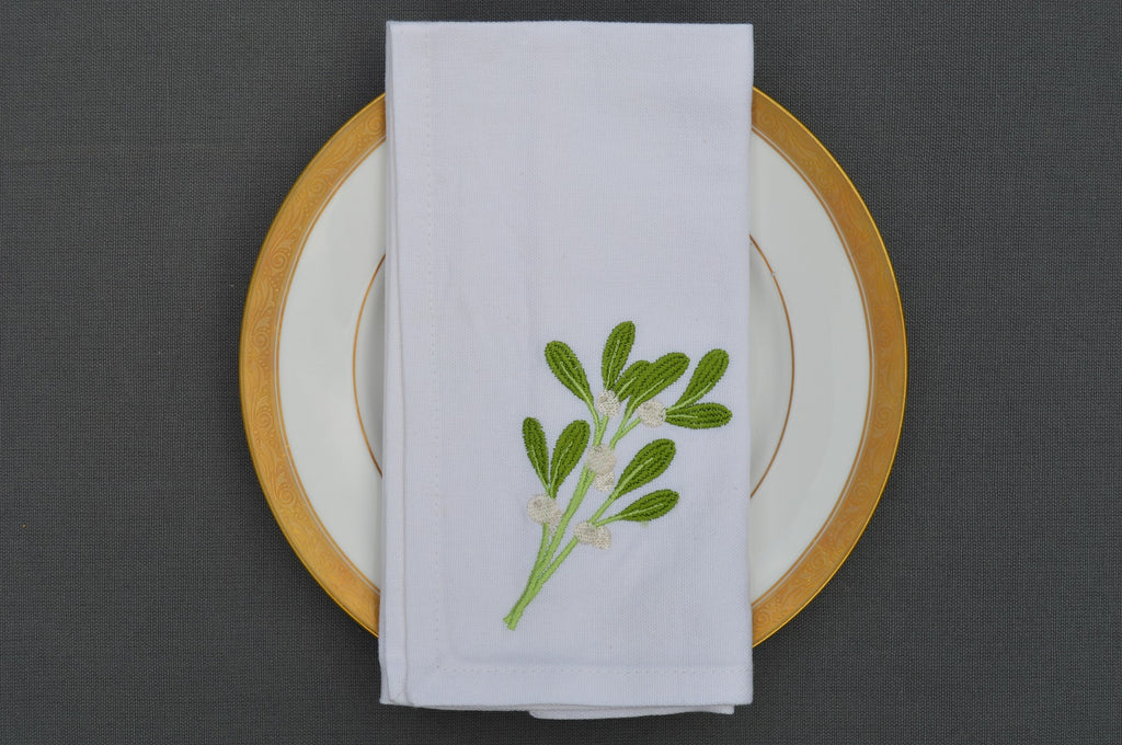 Christmas Napkins, White with Embroidered Sprig of Mistletoe  41x41cm 16x16