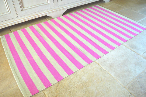 Floor Rug, 100% Cotton Salcombe Stripe Flat Weave Fuchsia Pink/Sand 2 Sizes