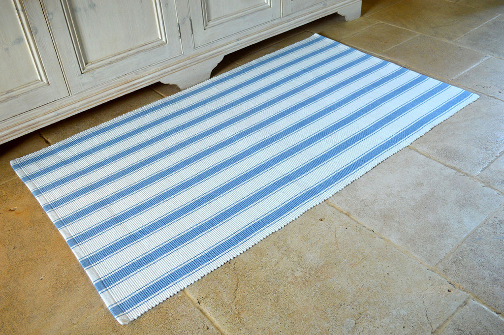 Floor Rug, 100% Cotton Solent Stripe Rib Weave in Storm Blue/White 3 Sizes